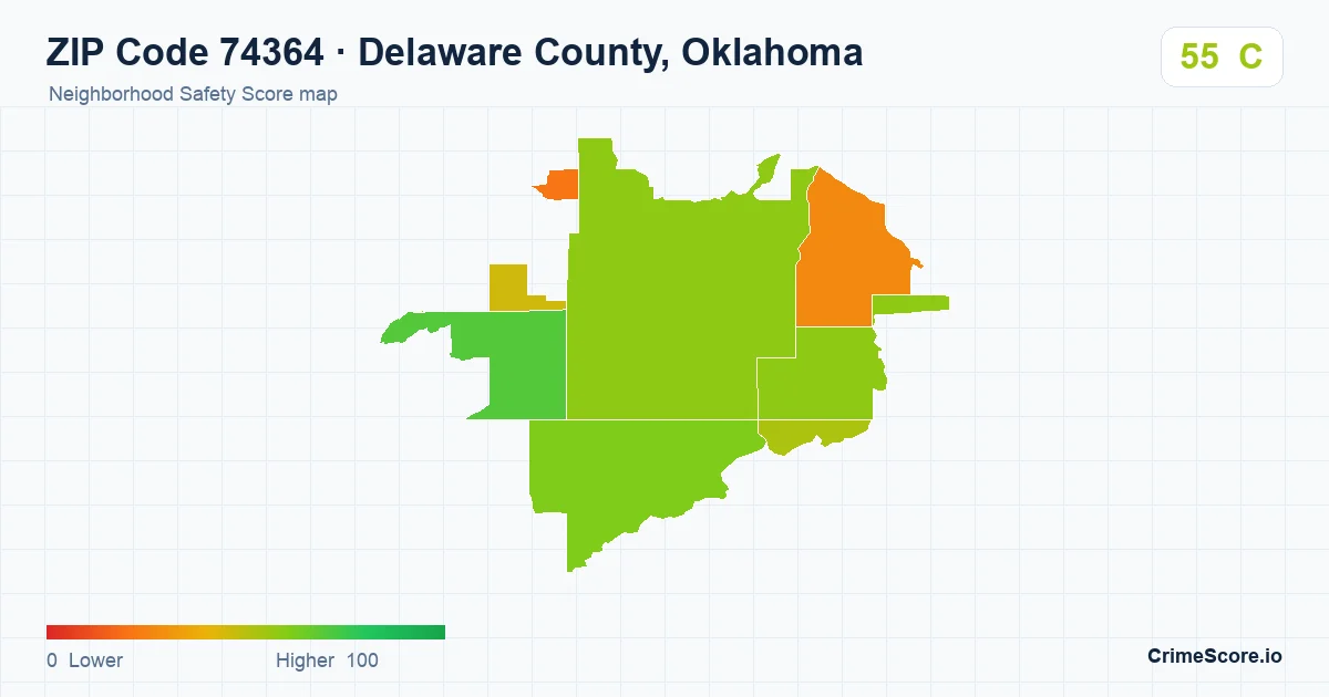 ZIP Code 74364 in Delaware County, Oklahoma neighborhood Safety Score map