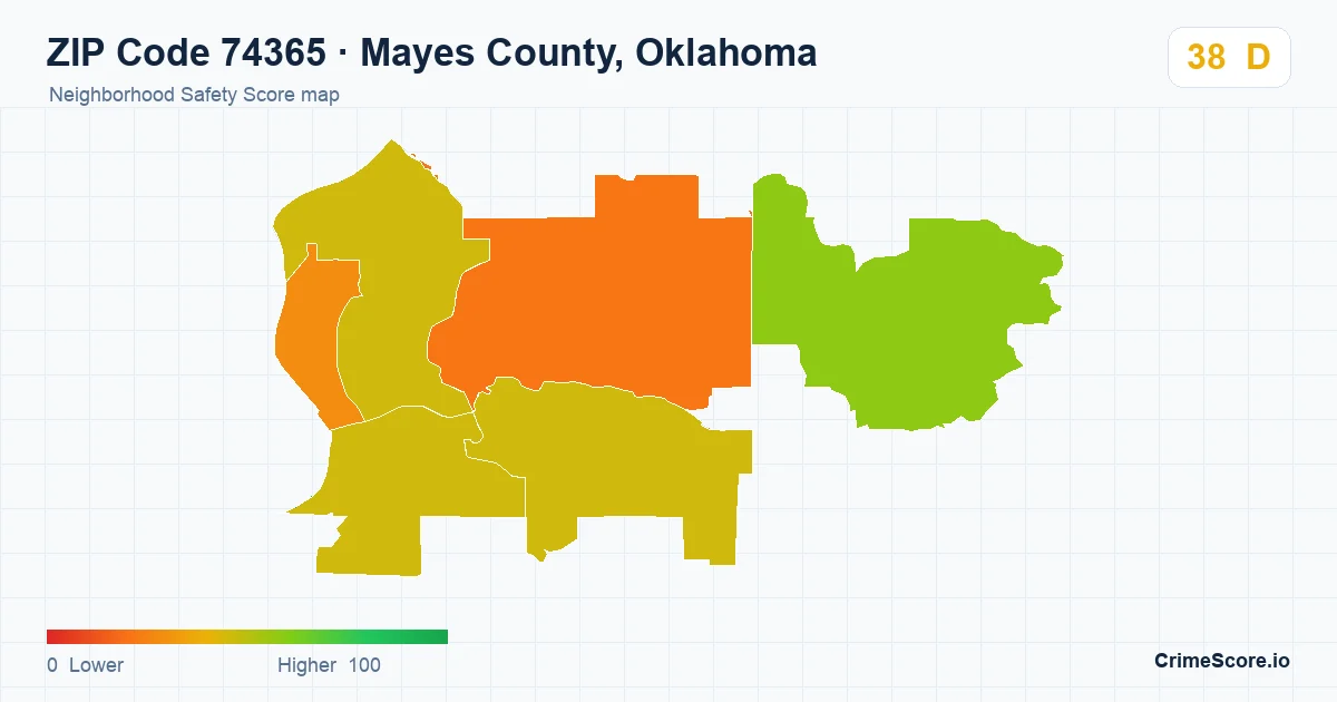ZIP Code 74365 in Mayes County, Oklahoma neighborhood Safety Score map