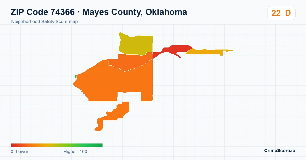 ZIP Code 74366 in Mayes County, Oklahoma neighborhood Safety Score map