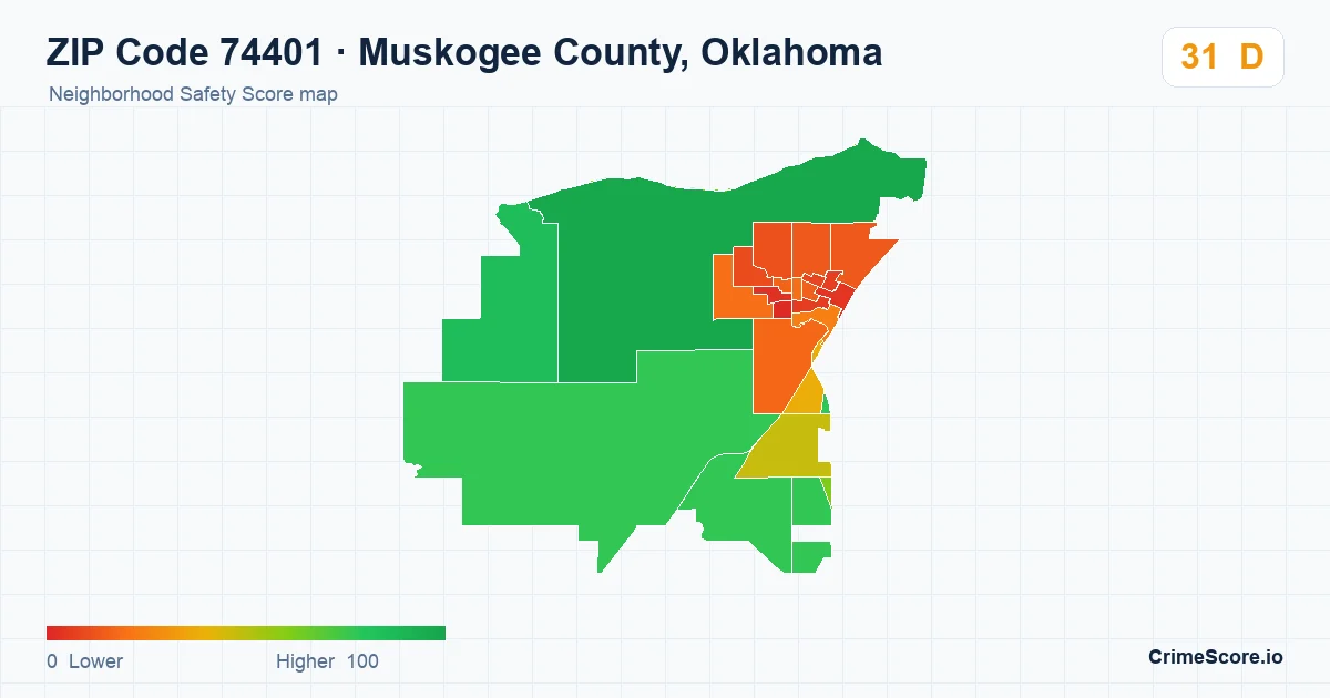 ZIP Code 74401 in Muskogee County, Oklahoma neighborhood Safety Score map