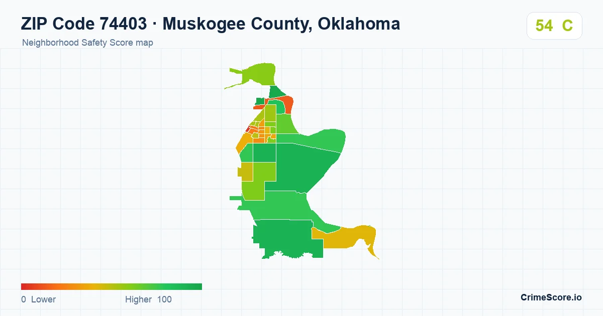 ZIP Code 74403 in Muskogee County, Oklahoma neighborhood Safety Score map