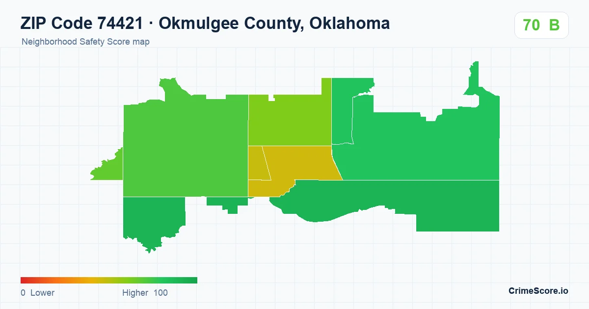 ZIP Code 74421 in Okmulgee County, Oklahoma neighborhood Safety Score map