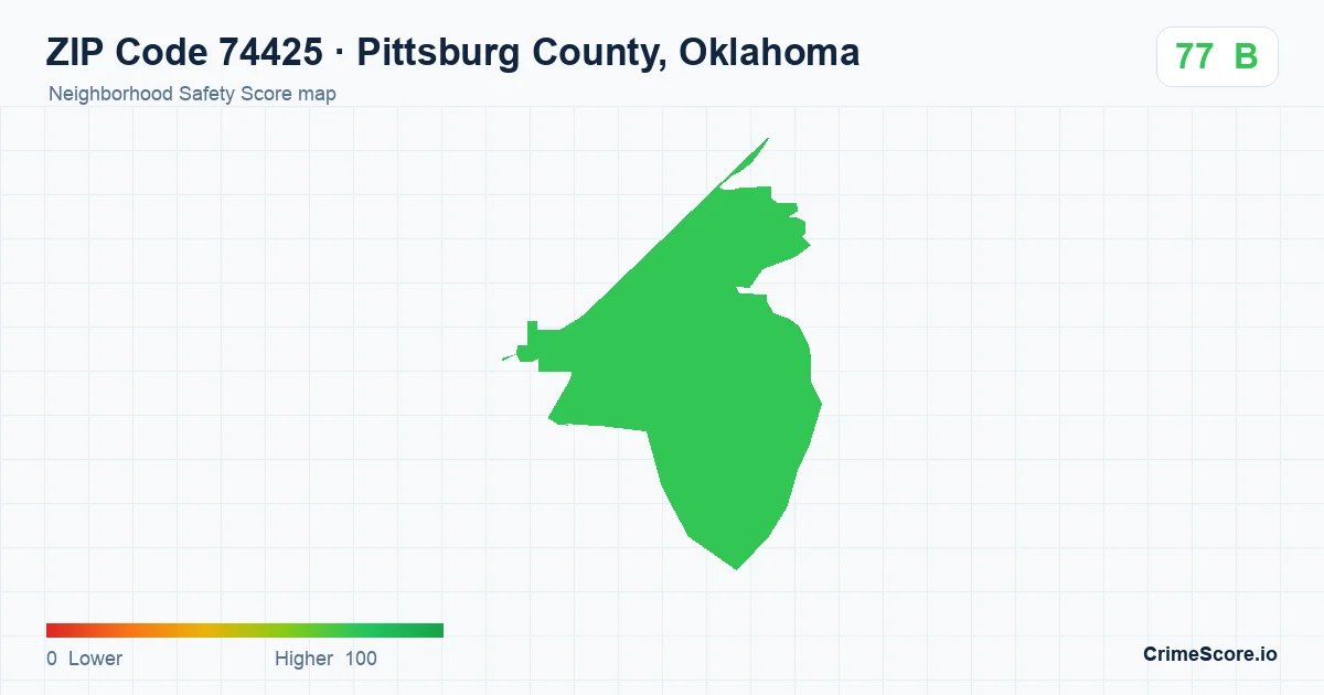 ZIP Code 74425 in Pittsburg County, Oklahoma neighborhood Safety Score map