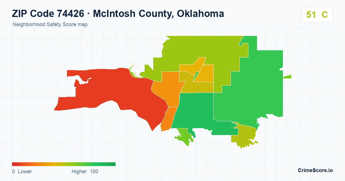 ZIP Code 74426 in McIntosh County, Oklahoma neighborhood Safety Score map