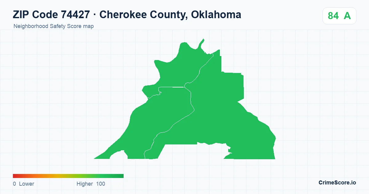 ZIP Code 74427 in Cherokee County, Oklahoma neighborhood Safety Score map