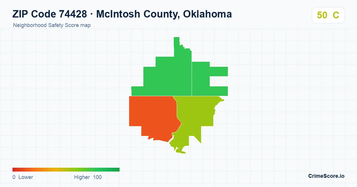 ZIP Code 74428 in McIntosh County, Oklahoma neighborhood Safety Score map