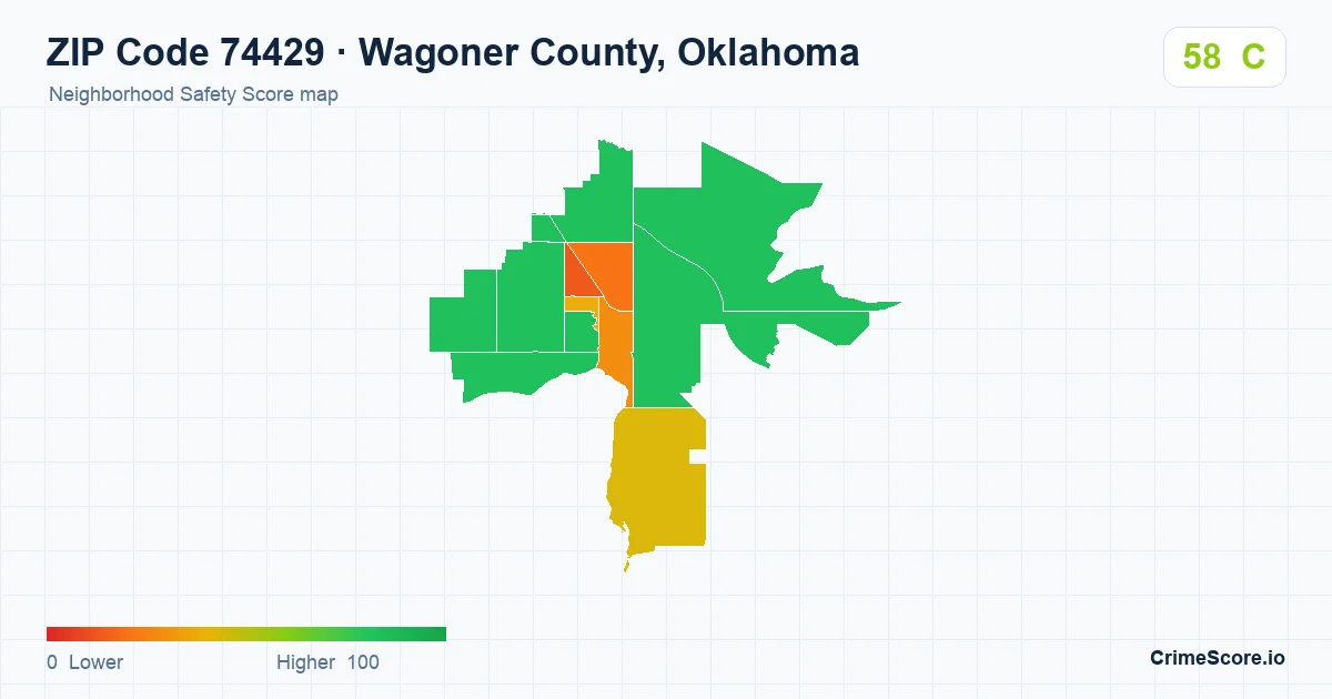 ZIP Code 74429 in Wagoner County, Oklahoma neighborhood Safety Score map