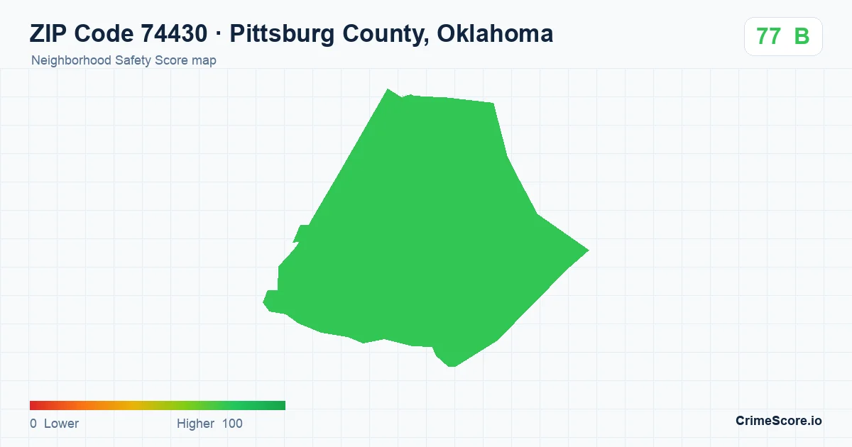 ZIP Code 74430 in Pittsburg County, Oklahoma neighborhood Safety Score map