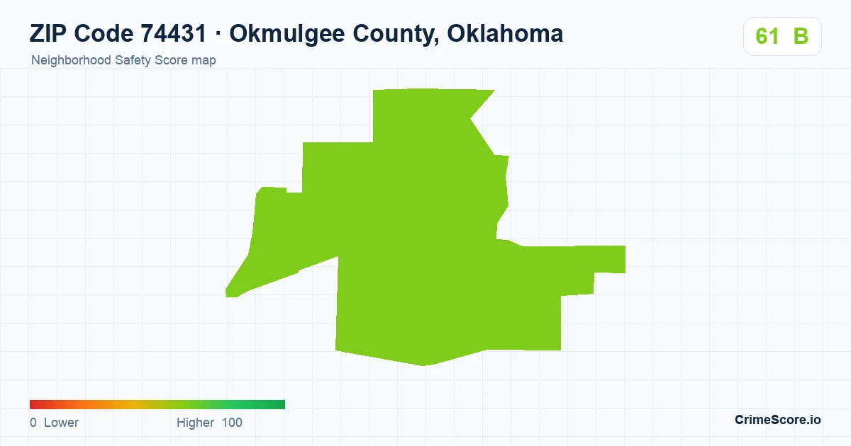 ZIP Code 74431 in Okmulgee County, Oklahoma neighborhood Safety Score map