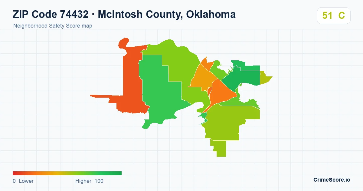 ZIP Code 74432 in McIntosh County, Oklahoma neighborhood Safety Score map
