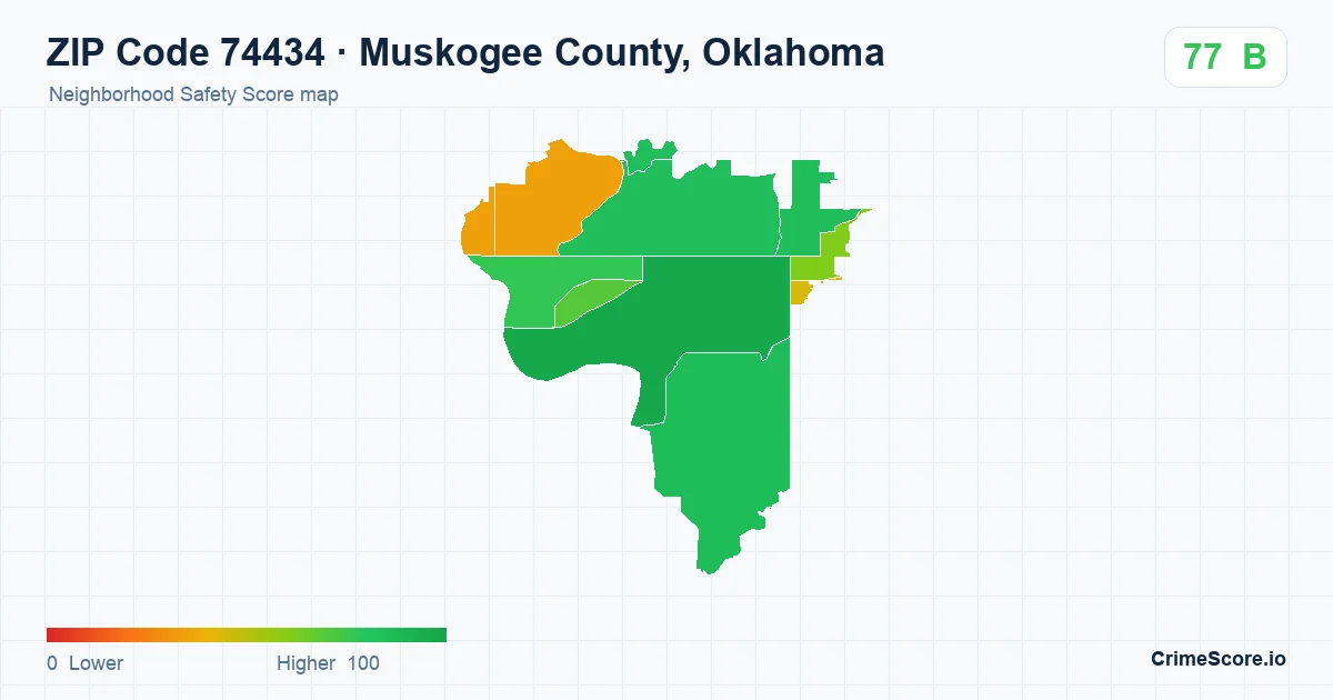 ZIP Code 74434 in Muskogee County, Oklahoma neighborhood Safety Score map