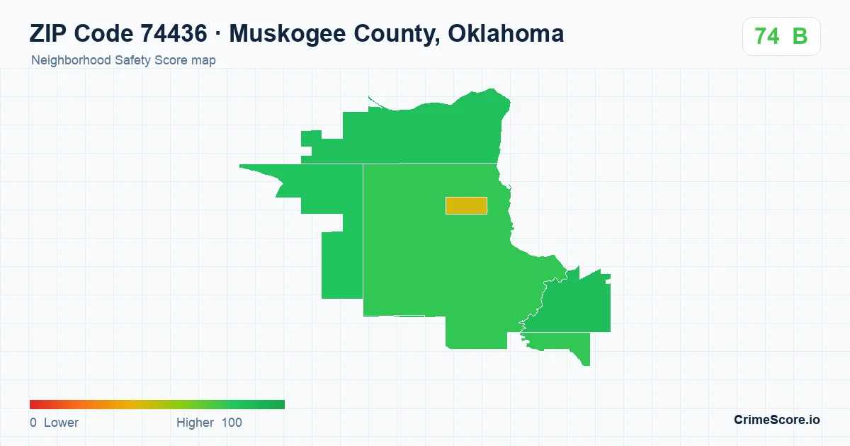 ZIP Code 74436 in Muskogee County, Oklahoma neighborhood Safety Score map