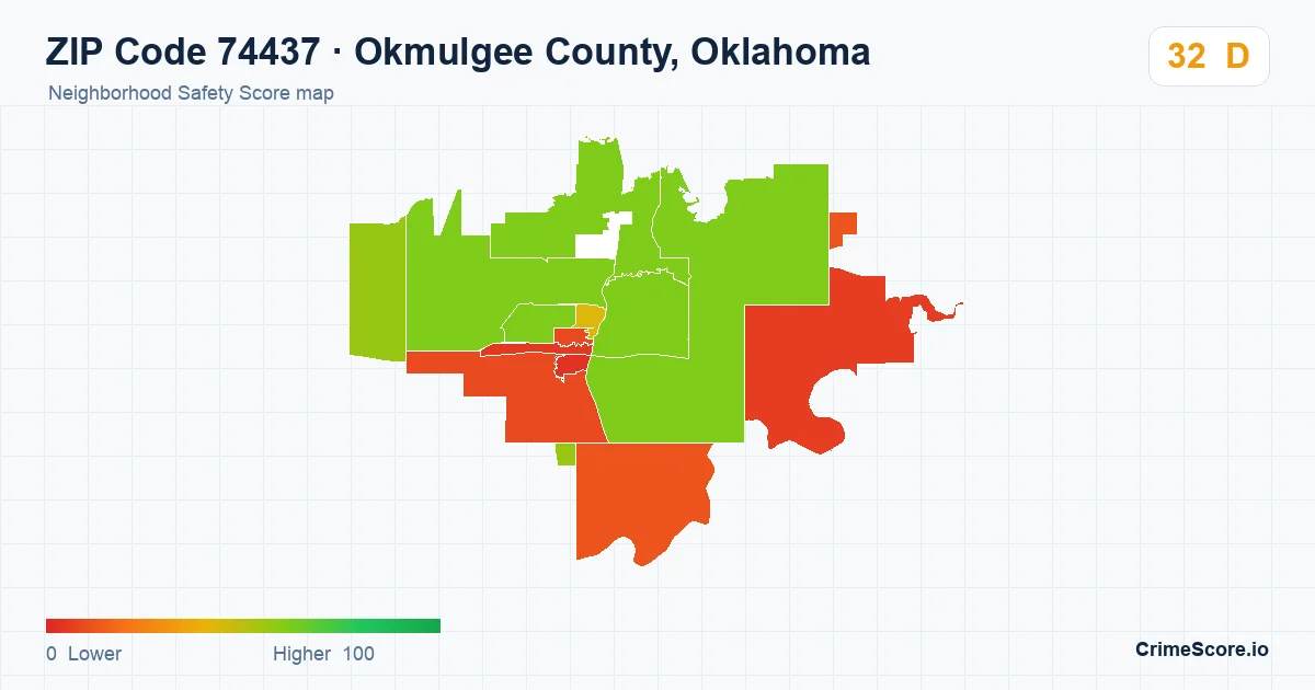 ZIP Code 74437 in Okmulgee County, Oklahoma neighborhood Safety Score map