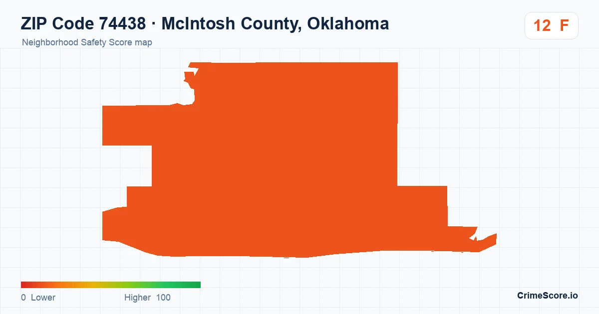 ZIP Code 74438 in McIntosh County, Oklahoma neighborhood Safety Score map