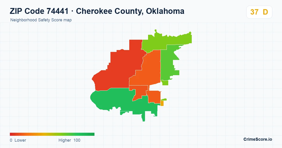 ZIP Code 74441 in Cherokee County, Oklahoma neighborhood Safety Score map