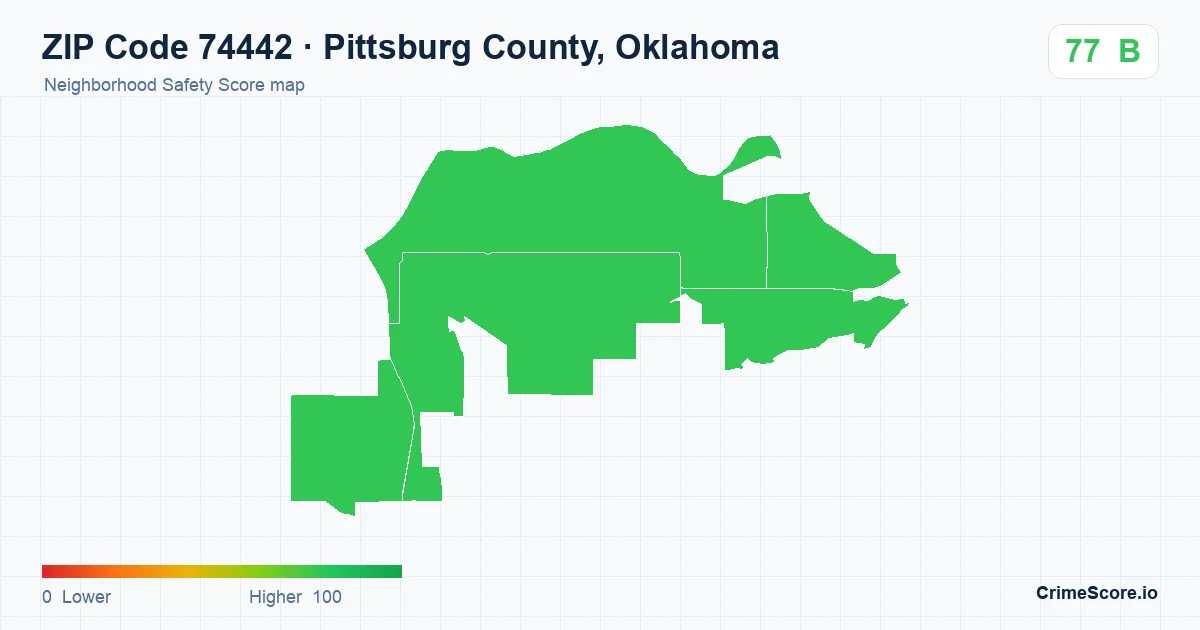 ZIP Code 74442 in Pittsburg County, Oklahoma neighborhood Safety Score map