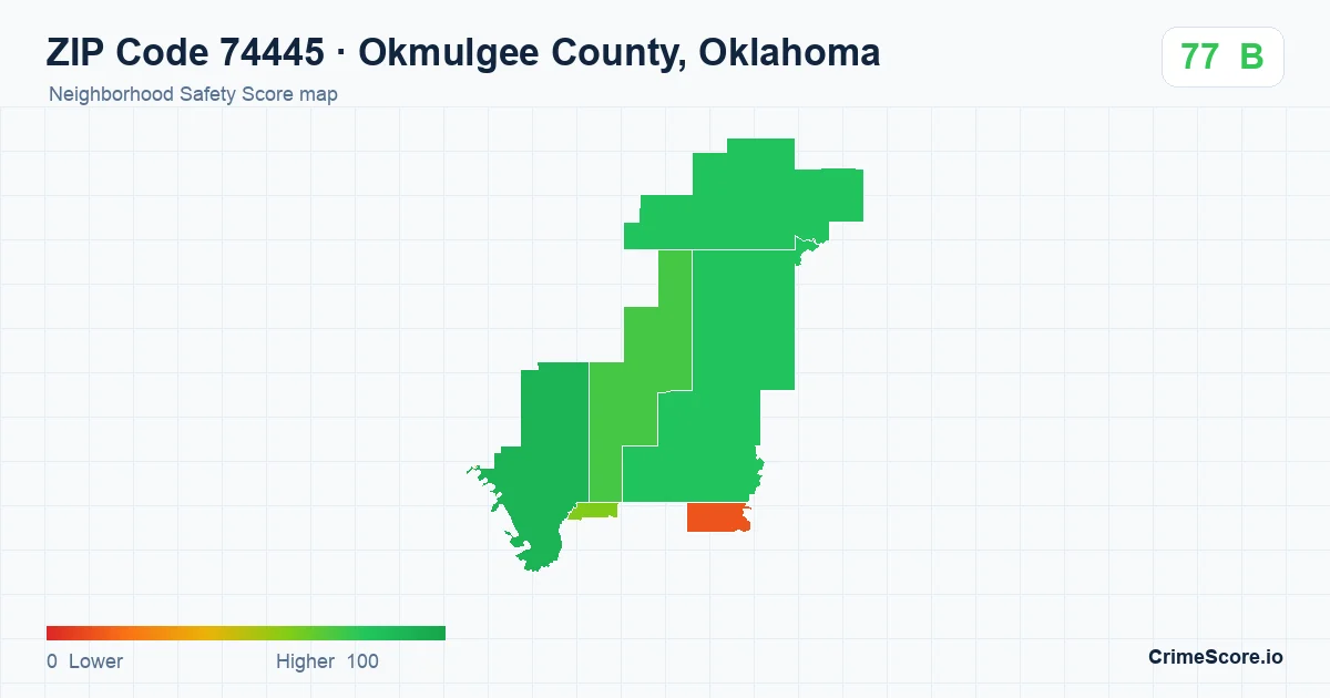 ZIP Code 74445 in Okmulgee County, Oklahoma neighborhood Safety Score map