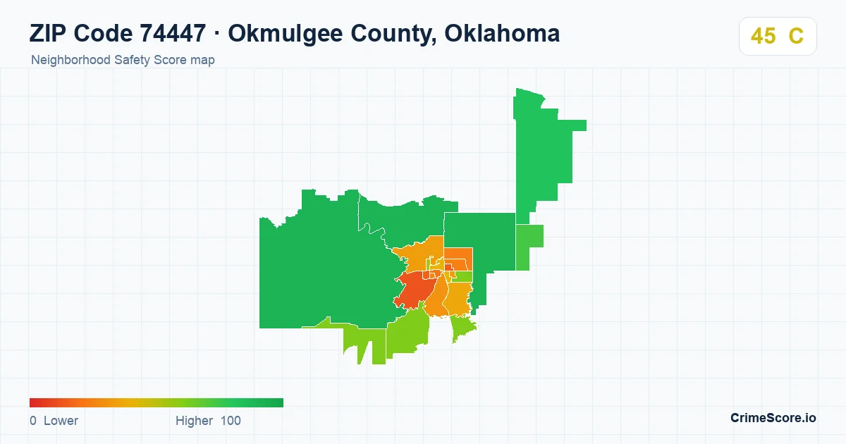 ZIP Code 74447 in Okmulgee County, Oklahoma neighborhood Safety Score map
