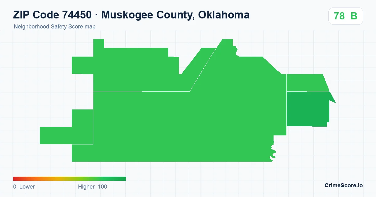 ZIP Code 74450 in Muskogee County, Oklahoma neighborhood Safety Score map