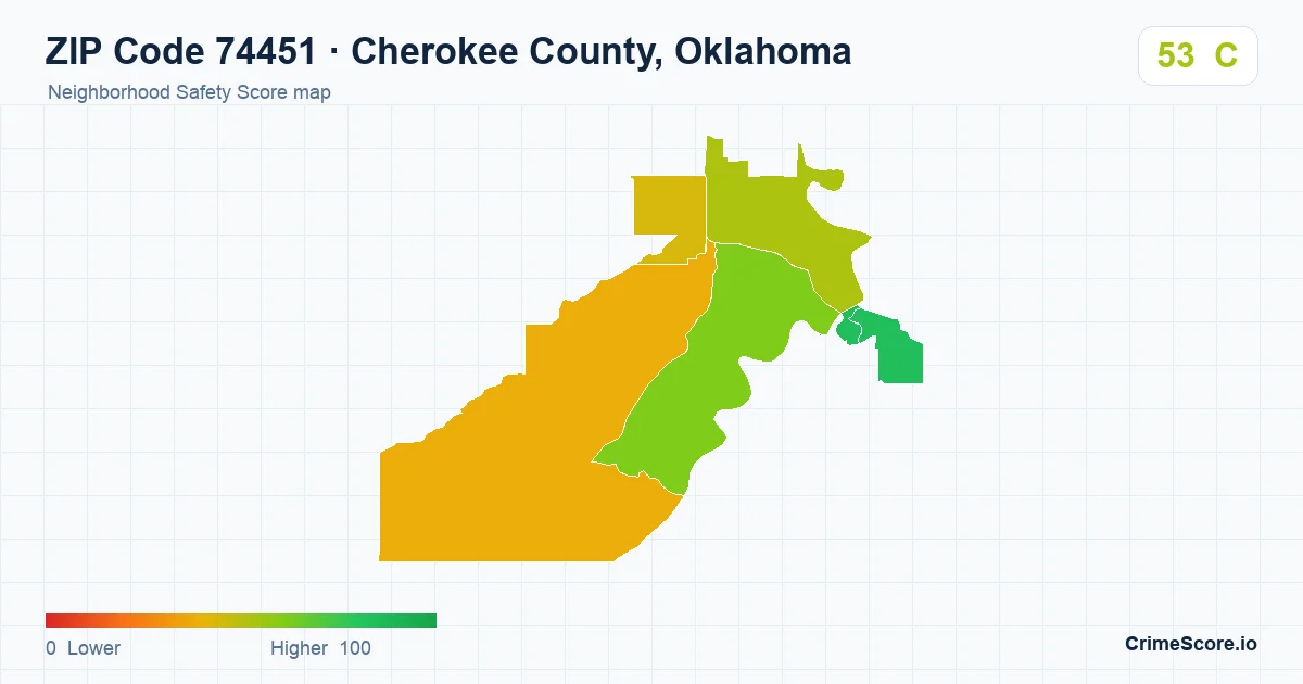 ZIP Code 74451 in Cherokee County, Oklahoma neighborhood Safety Score map