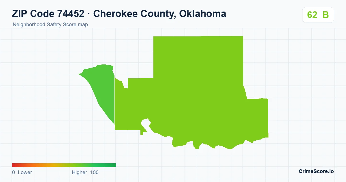 ZIP Code 74452 in Cherokee County, Oklahoma neighborhood Safety Score map