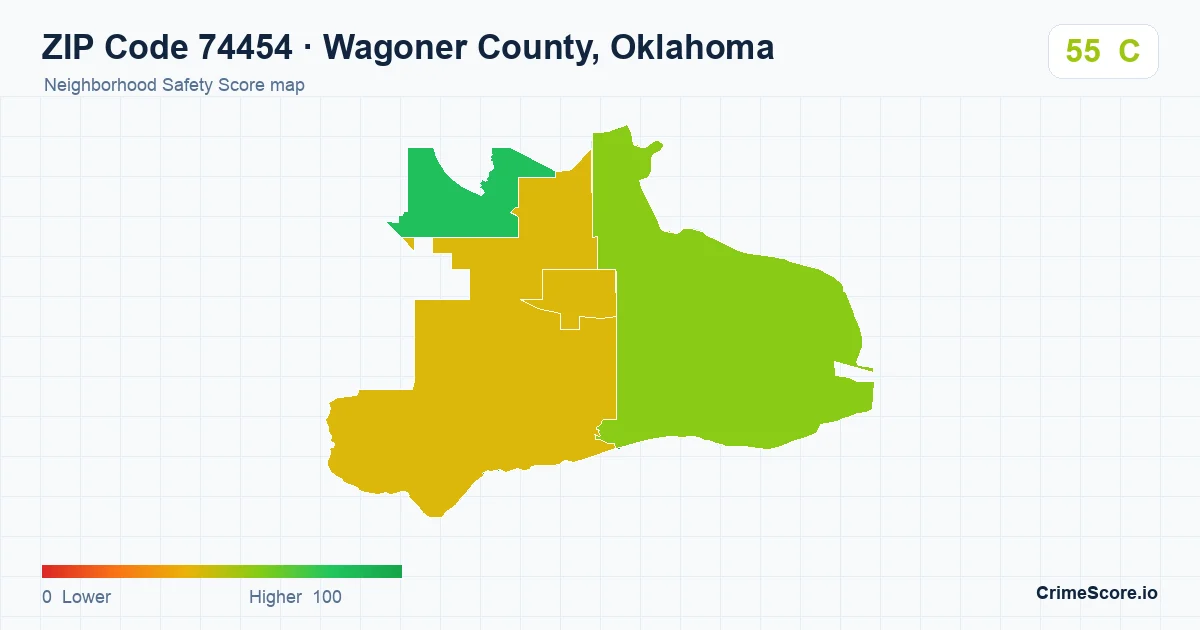 ZIP Code 74454 in Wagoner County, Oklahoma neighborhood Safety Score map