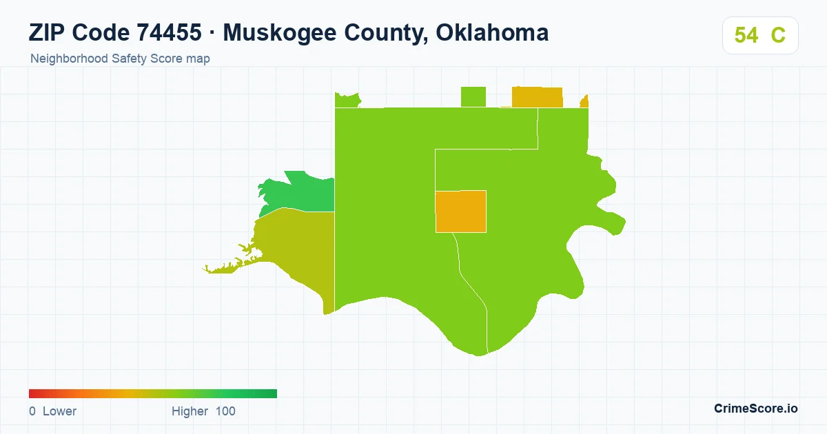ZIP Code 74455 in Muskogee County, Oklahoma neighborhood Safety Score map