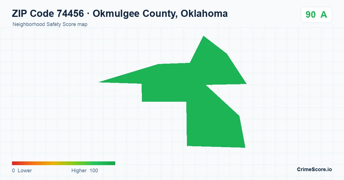 ZIP Code 74456 in Okmulgee County, Oklahoma neighborhood Safety Score map