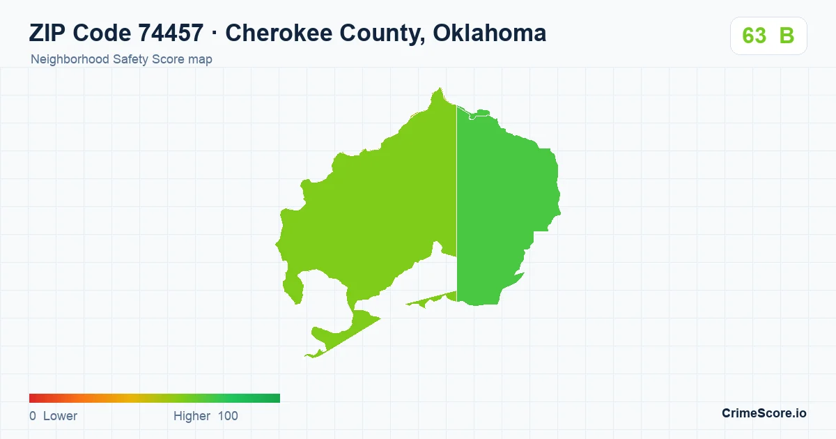 ZIP Code 74457 in Cherokee County, Oklahoma neighborhood Safety Score map