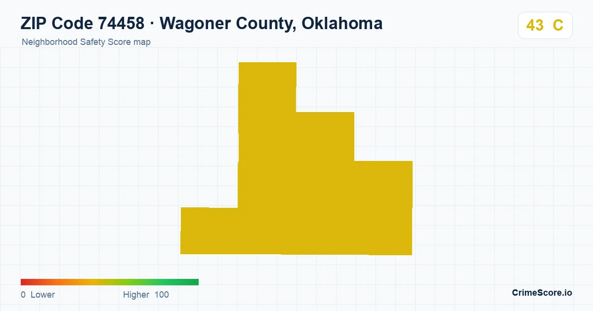 ZIP Code 74458 in Wagoner County, Oklahoma neighborhood Safety Score map
