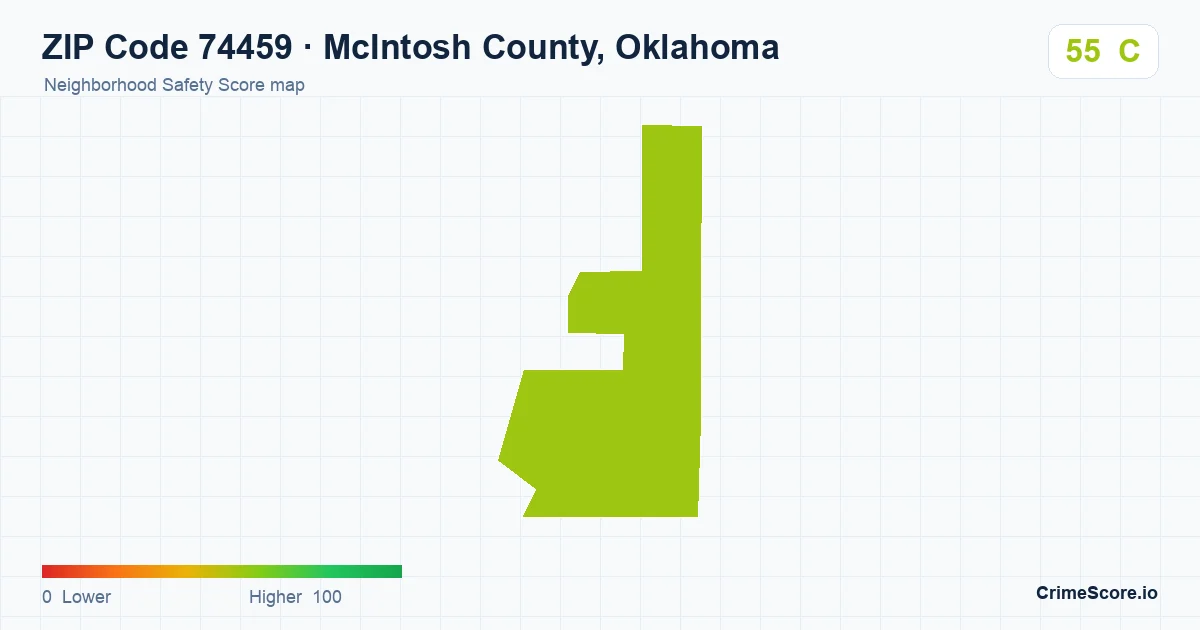 ZIP Code 74459 in McIntosh County, Oklahoma neighborhood Safety Score map