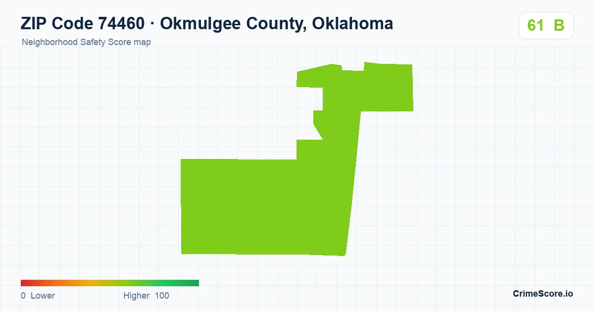 ZIP Code 74460 in Okmulgee County, Oklahoma neighborhood Safety Score map