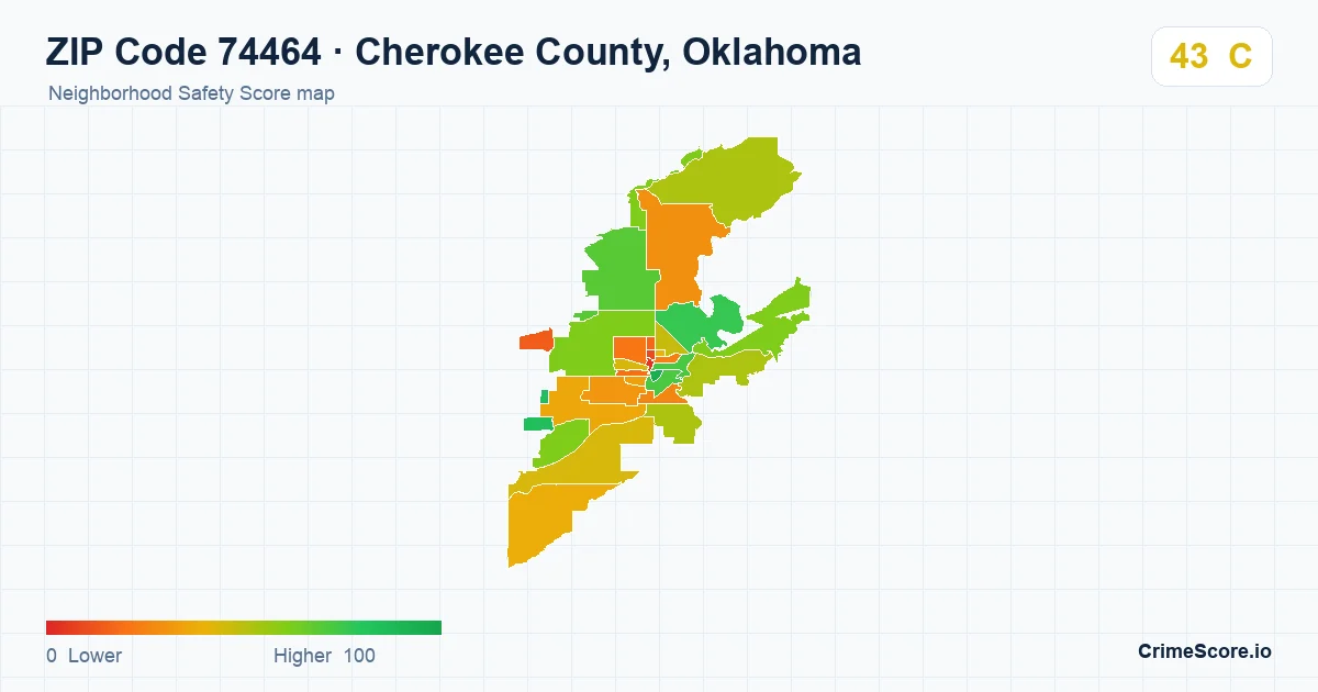 ZIP Code 74464 in Cherokee County, Oklahoma neighborhood Safety Score map