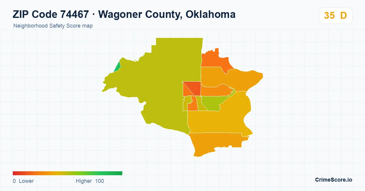 ZIP Code 74467 in Wagoner County, Oklahoma neighborhood Safety Score map