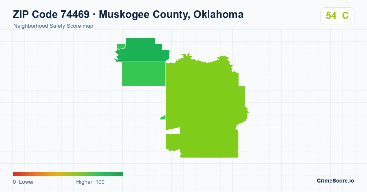 ZIP Code 74469 in Muskogee County, Oklahoma neighborhood Safety Score map