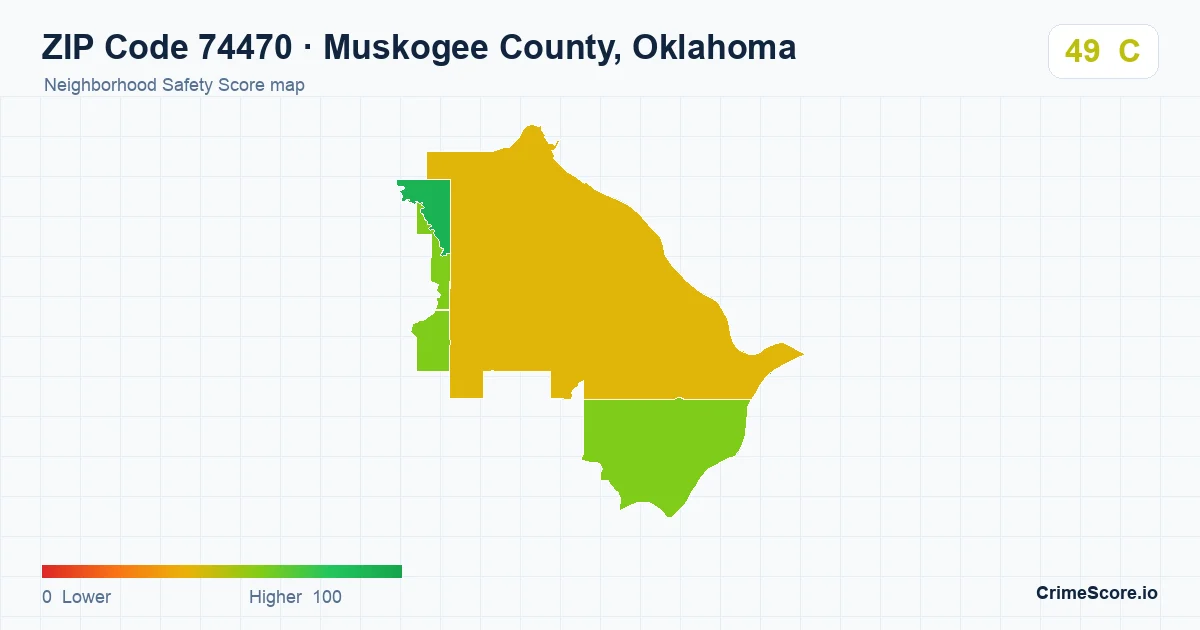 ZIP Code 74470 in Muskogee County, Oklahoma neighborhood Safety Score map