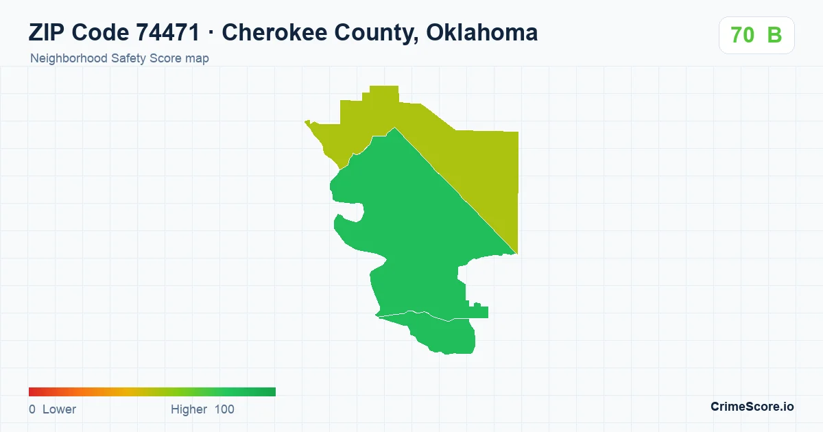 ZIP Code 74471 in Cherokee County, Oklahoma neighborhood Safety Score map
