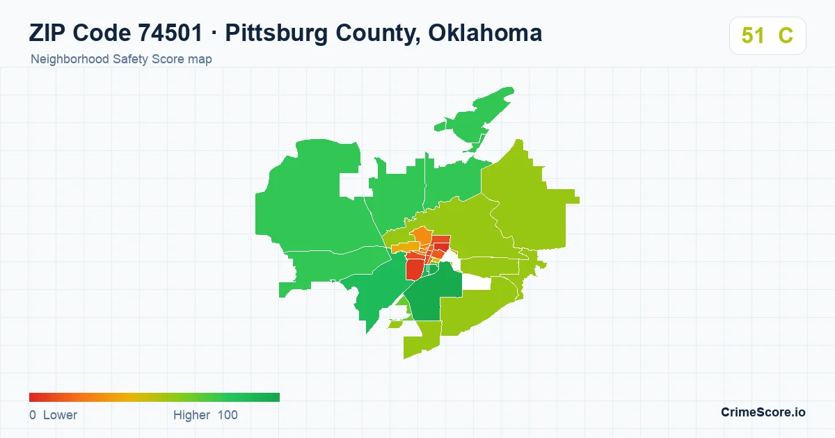 ZIP Code 74501 in Pittsburg County, Oklahoma neighborhood Safety Score map