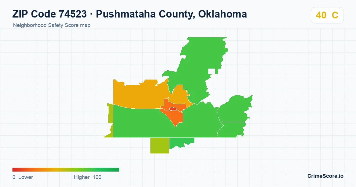ZIP Code 74523 in Pushmataha County, Oklahoma neighborhood Safety Score map