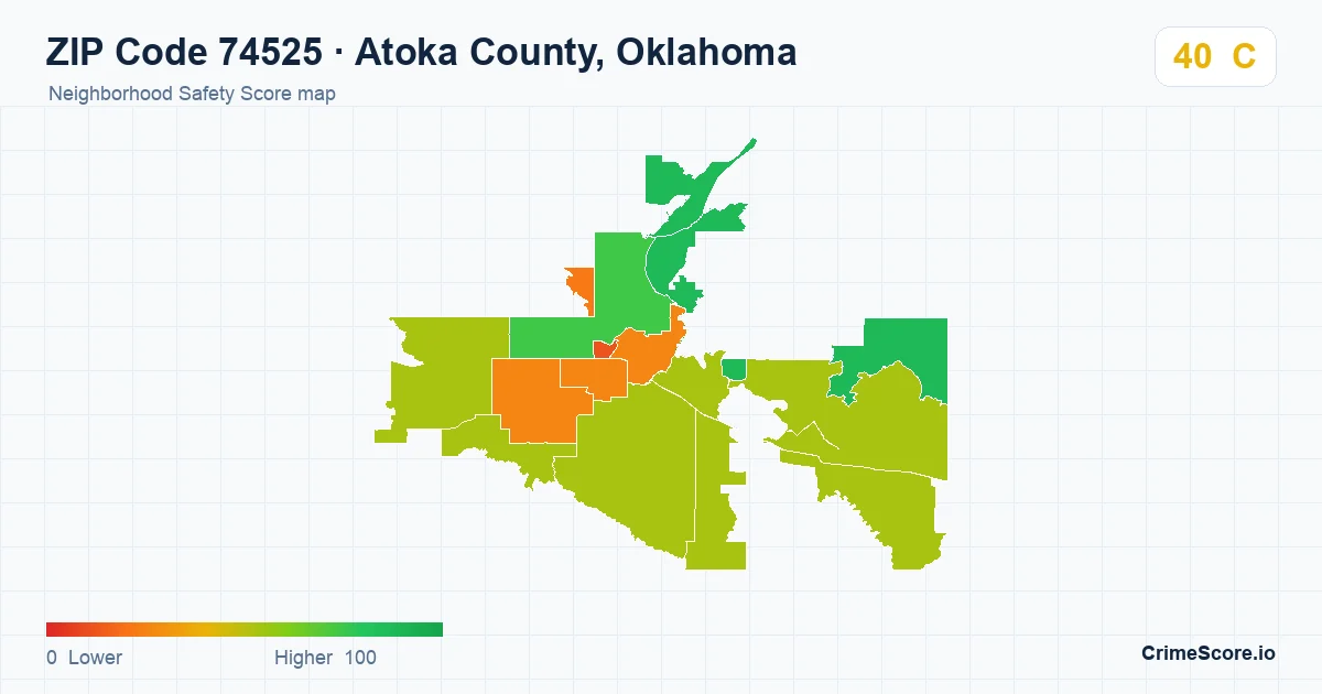 ZIP Code 74525 in Atoka County, Oklahoma neighborhood Safety Score map