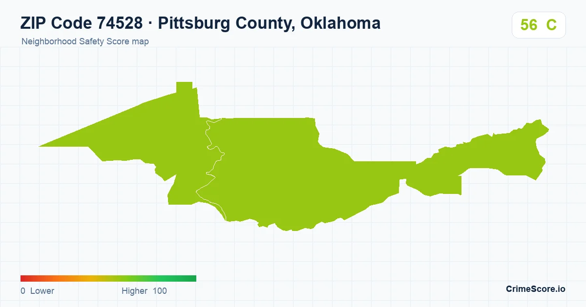 ZIP Code 74528 in Pittsburg County, Oklahoma neighborhood Safety Score map