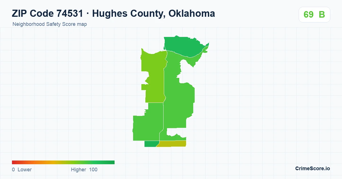 ZIP Code 74531 in Hughes County, Oklahoma neighborhood Safety Score map