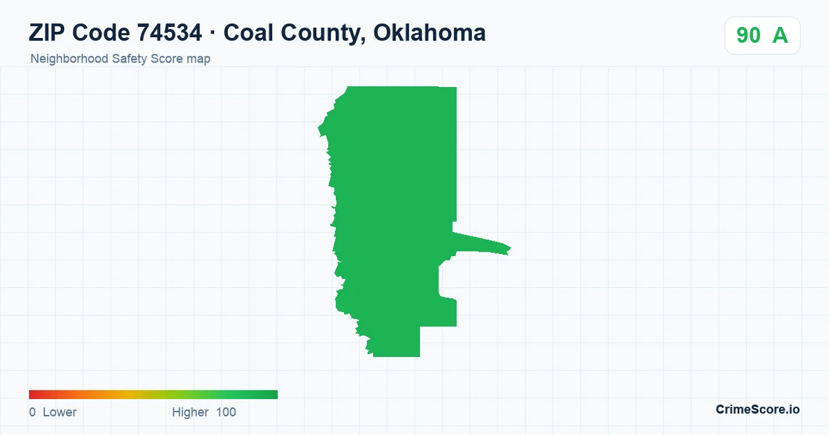 ZIP Code 74534 in Coal County, Oklahoma neighborhood Safety Score map