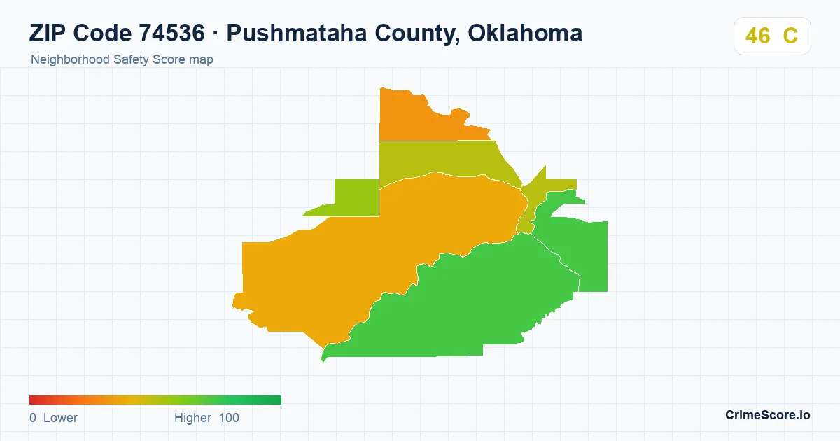 ZIP Code 74536 in Pushmataha County, Oklahoma neighborhood Safety Score map