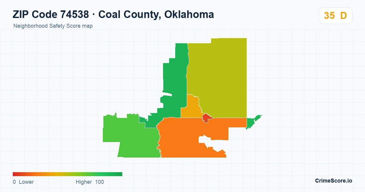 ZIP Code 74538 in Coal County, Oklahoma neighborhood Safety Score map