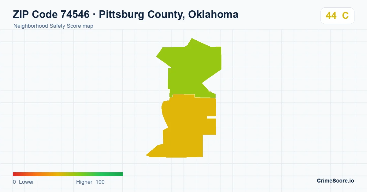 ZIP Code 74546 in Pittsburg County, Oklahoma neighborhood Safety Score map