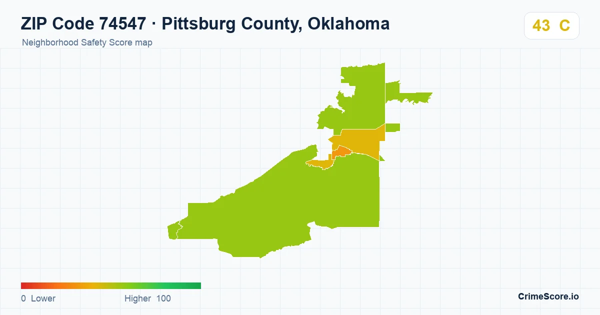 ZIP Code 74547 in Pittsburg County, Oklahoma neighborhood Safety Score map