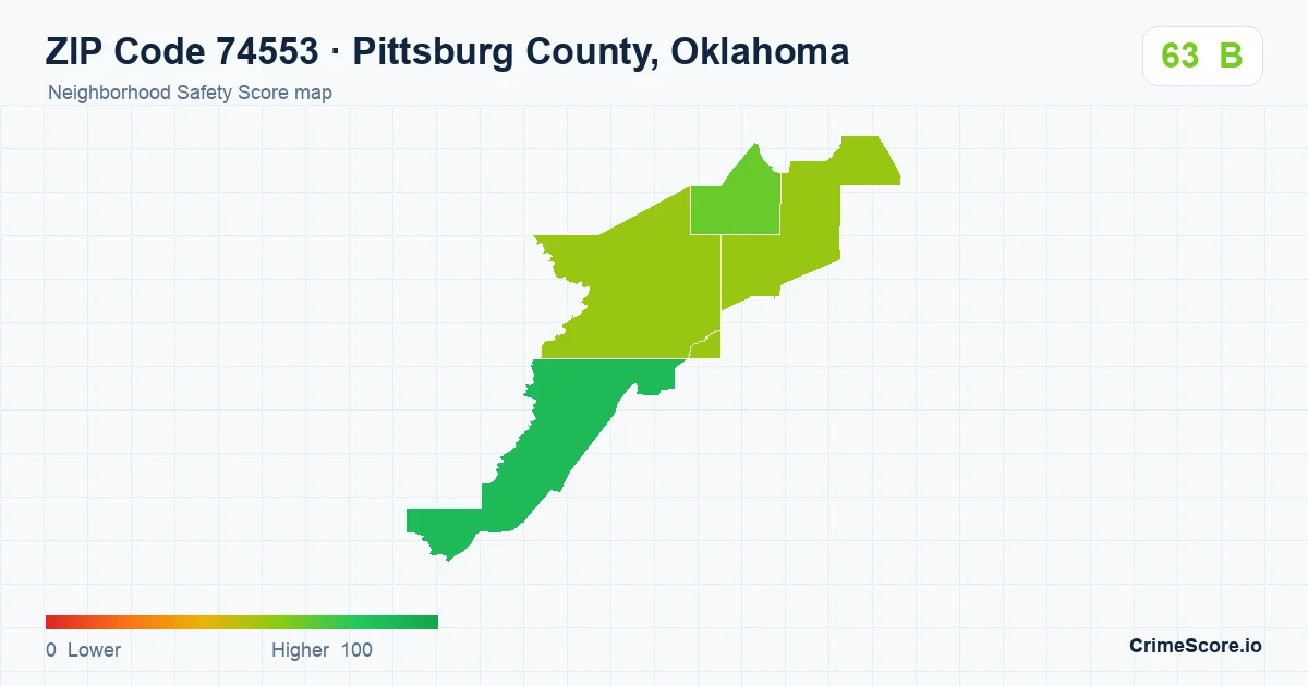 ZIP Code 74553 in Pittsburg County, Oklahoma neighborhood Safety Score map