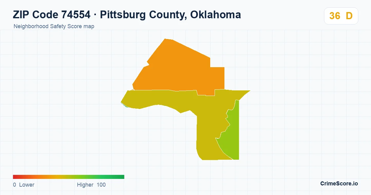 ZIP Code 74554 in Pittsburg County, Oklahoma neighborhood Safety Score map