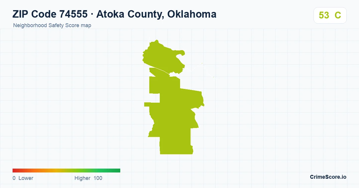 ZIP Code 74555 in Atoka County, Oklahoma neighborhood Safety Score map